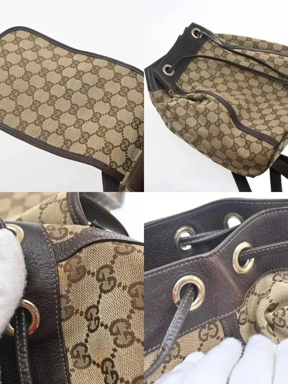 GUCCI Logo GG Pattern Backpack Bag Canvas Leather Brown GHW Italy 77YJ322